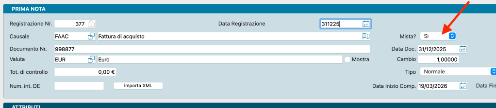 Interfaccia di registrazione contabile con campi per numero di registrazione, causale, documento, valuta, totale e altre informazioni.