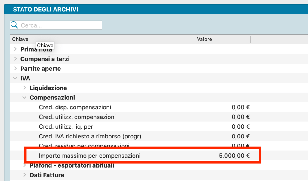 Screenshot di un'interfaccia software con il titolo 'STATO DEGLI ARCHIVI'. Mostra l'importo massimo per compensazioni evidenziato in rosso, pari a 5.000,00 €.