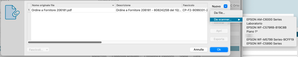 Finestra di dialogo per la selezione di file PDF e opzioni di scansione su un sistema operativo.