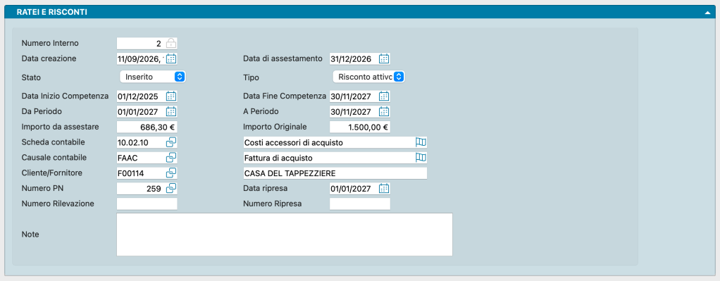 Interfaccia di gestione delle rate e dei risconti con dettagli su numero interno, data di creazione, stato, date di competenza, importi e note.
