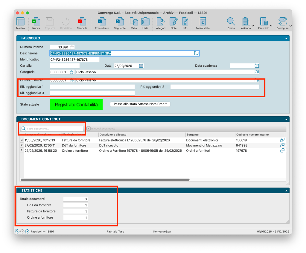 Screenshot dell'interfaccia di un software di gestione documentale, con dettagli su un fascicolo specifico tra cui numero interno, descrizione e categoria.