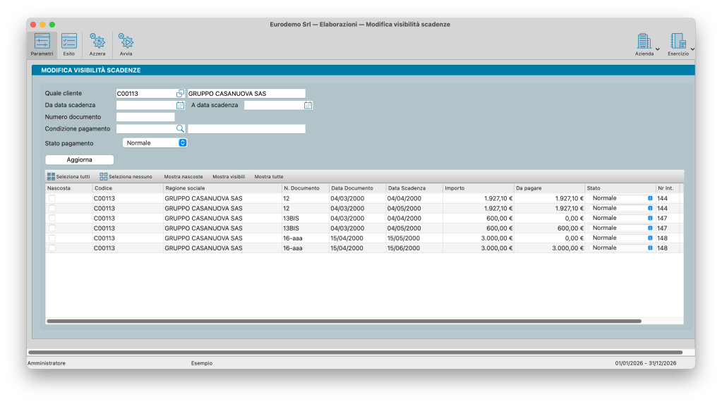 Interfaccia del software Eurodemo Srl per modificare la visibilità delle scadenze, mostrando dettagli sul cliente 'GRUPPO CASANUOVA SAS', documenti, date di scadenza e stati di pagamento.